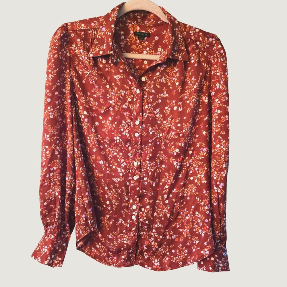 Ann Taylor Womens Small Rust Brown Floral Long Sleeve Button Down Blouse Top